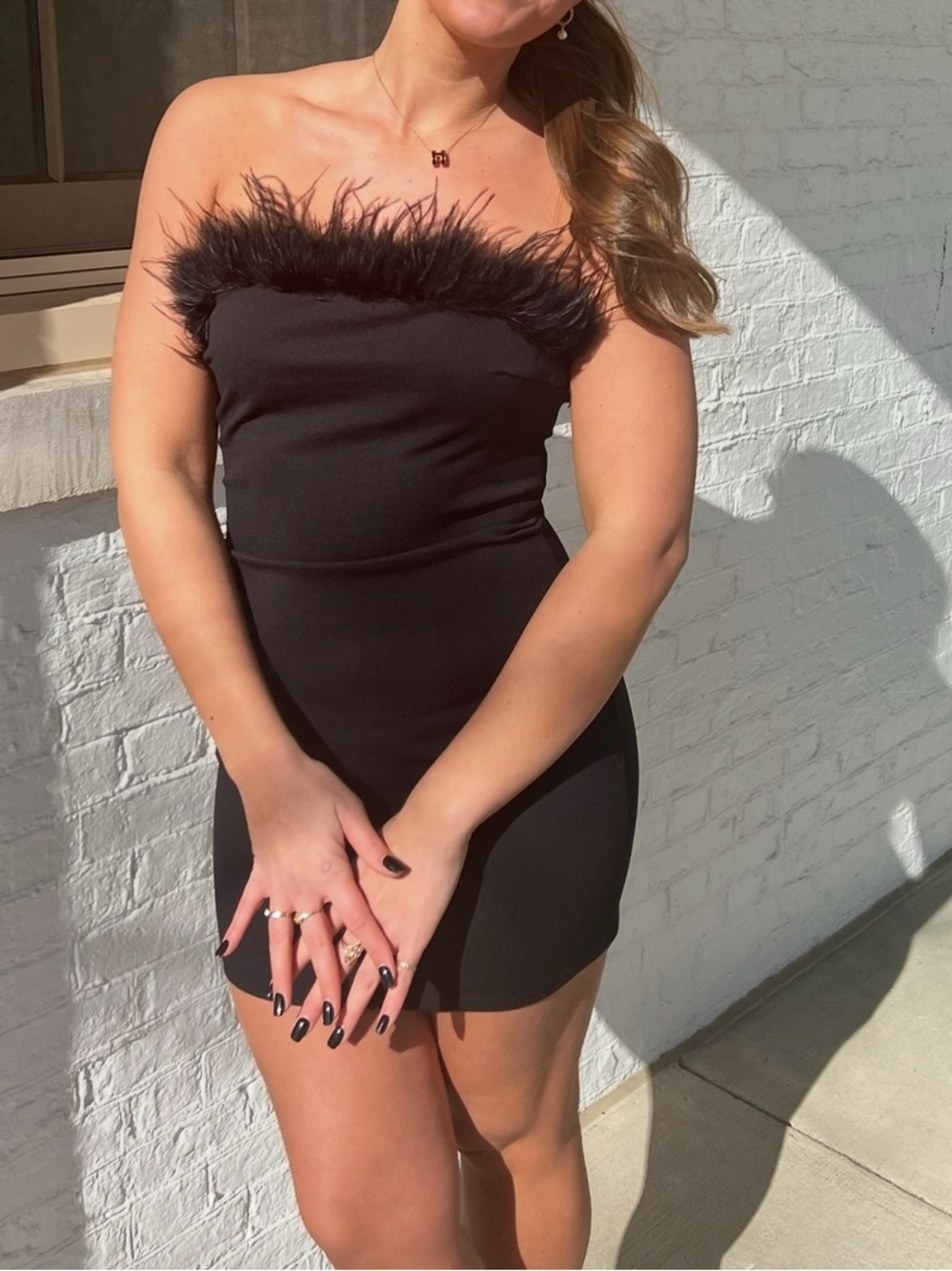 Nordstrom Black Strapless Mini Dress with Feather Trim